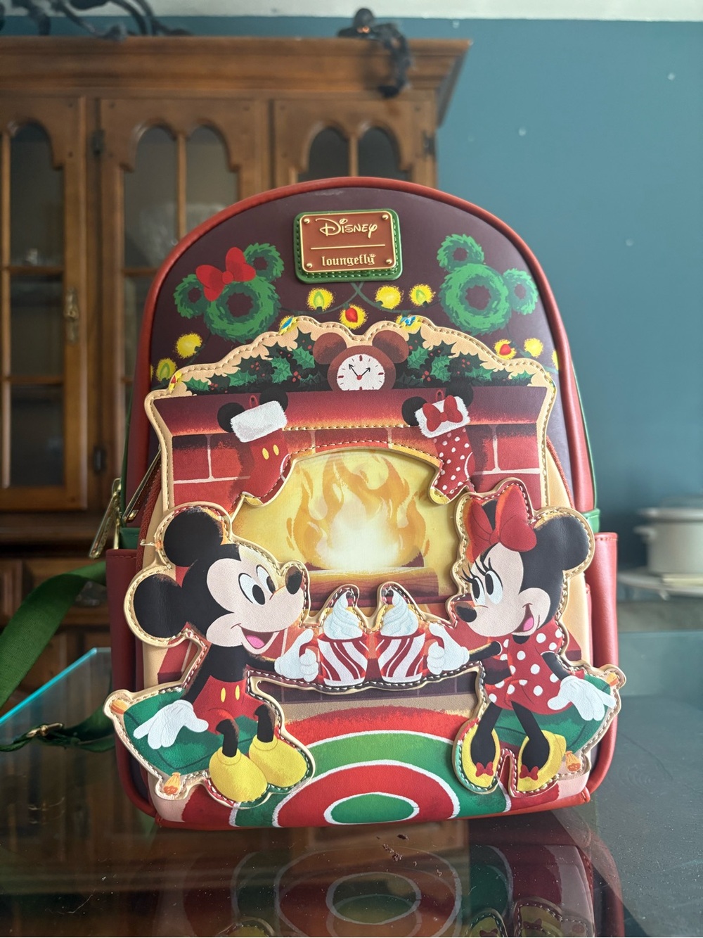 Loungefly Red Mickey & Minnie Holiday Fireplace Mini Backpack with Gold Accents